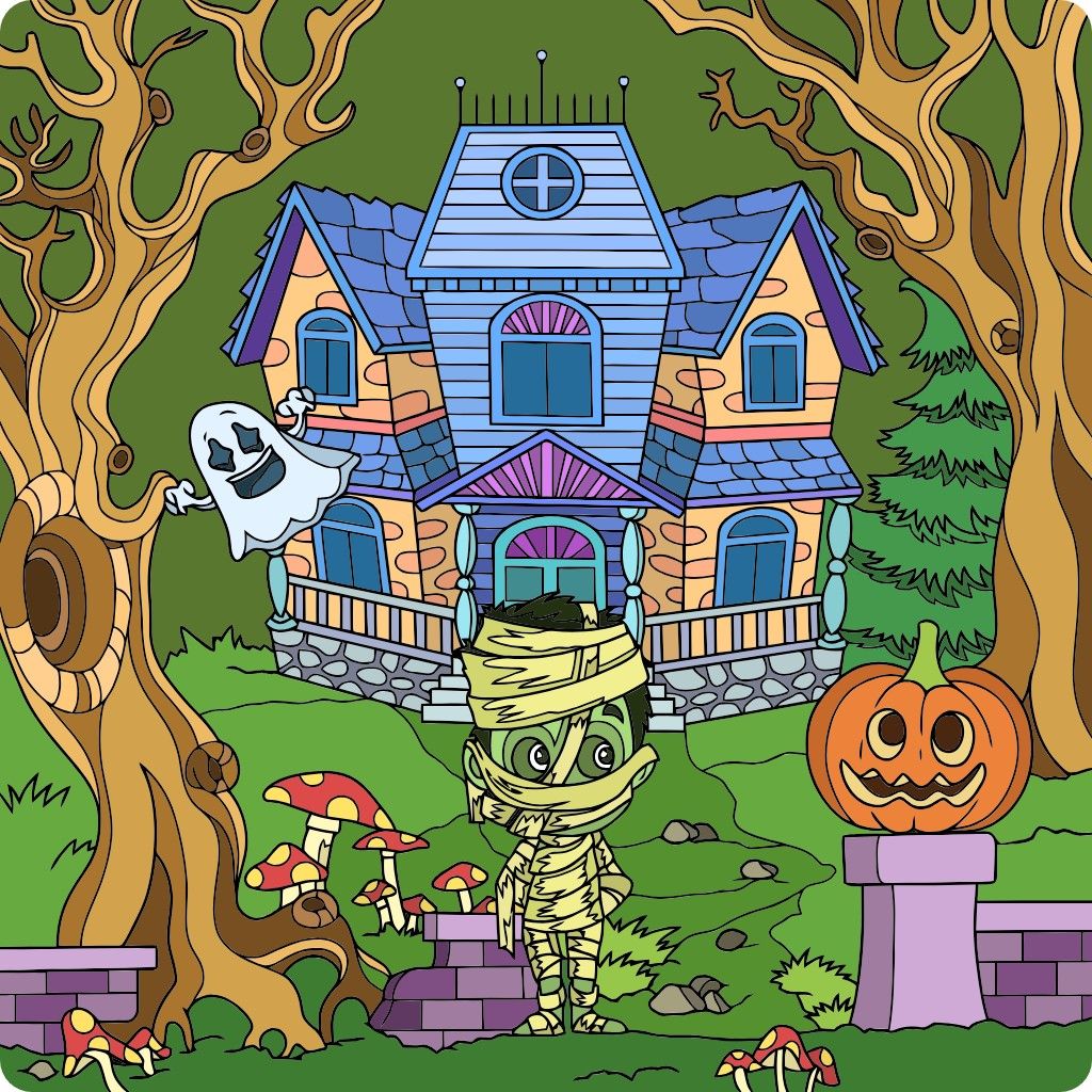 Cartoon haunted house with a mummy, ghost, pumpkin, and twisted trees in a Halloween scene