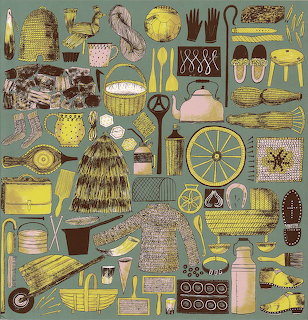 Illustrated collection of vintage British craft items including baskets, pottery, and textiles arranged on green background