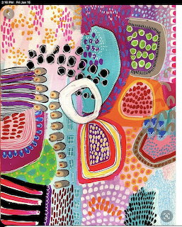 Abstract art with colorful organic shapes, dots, and curved lines in bright pink, orange, teal, and purple tones