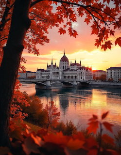Hungarian Parliament building by a river at sunset, framed by red autumn leaves