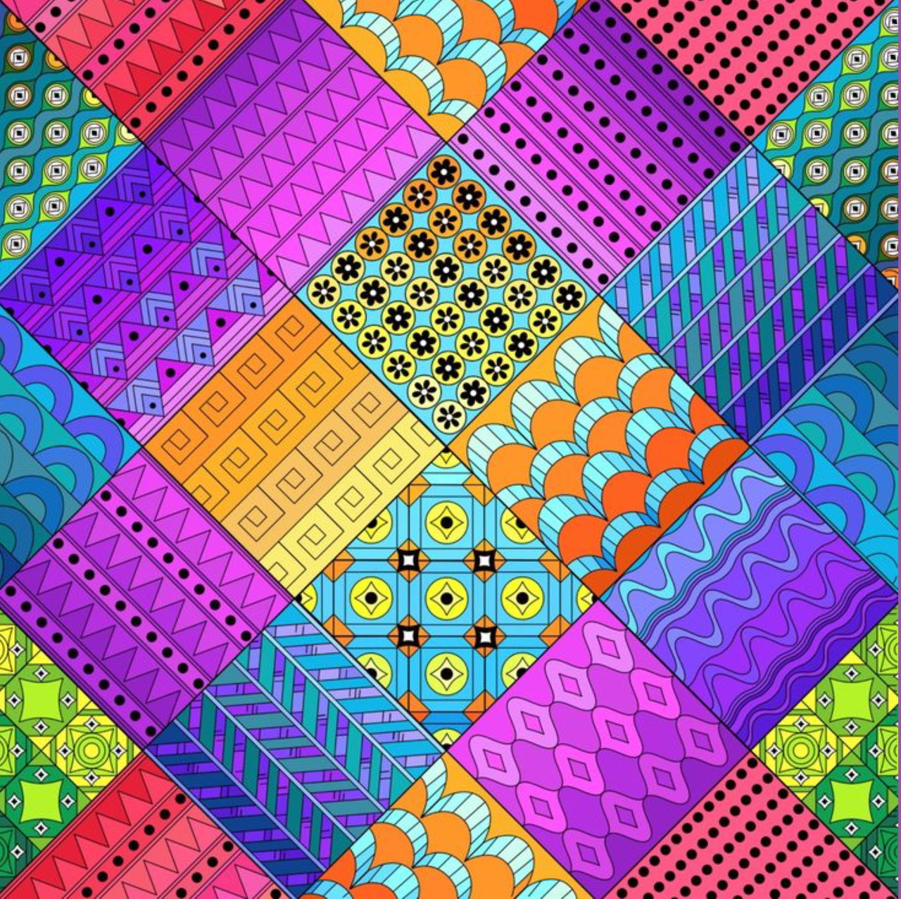 Colorful geometric patchwork quilt with diagonal squares in vibrant patterns and colors
