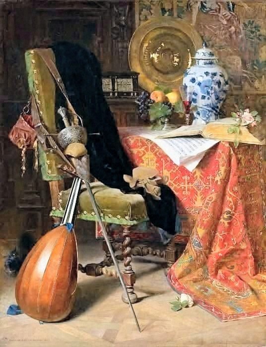 Classical still life painting with lute, sword, blue and white vase, fruit, and draped red textile