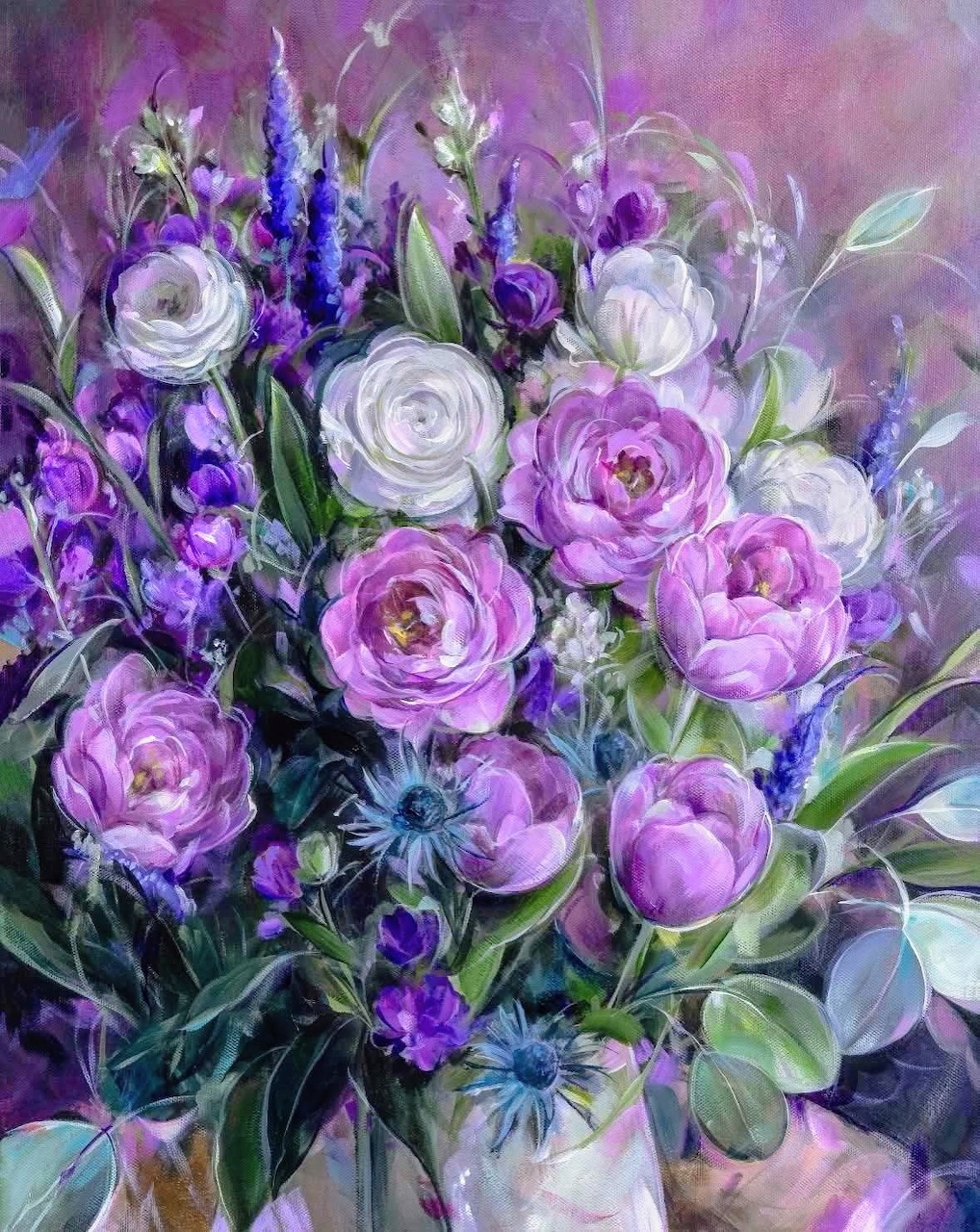 Painting of a purple and white floral bouquet in a vase with green leaves