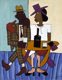 Painting of two stylized figures sitting at a café table with a bottle, in bold flat colors