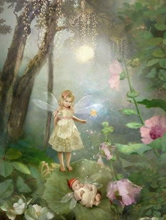 Young girl in cream dress in magical forest garden with fairies and pink flowers, soft glowing light filtering through trees