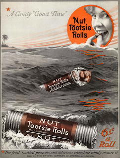 Vintage candy advertisement with smiling woman and Nut Tootsie Rolls over ocean waves