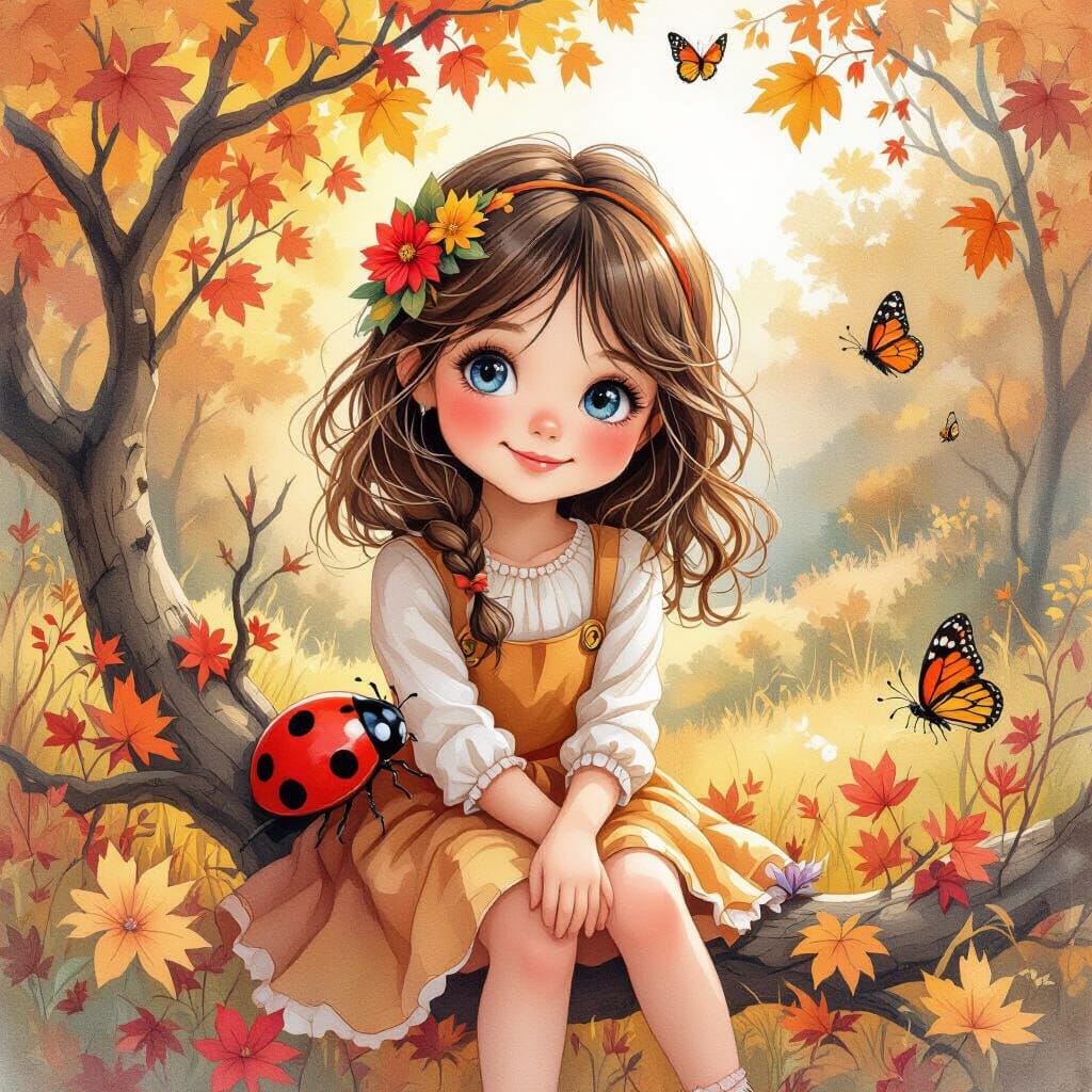 Illustrated girl sitting in autumn scene with colorful leaves, butterflies and ladybug