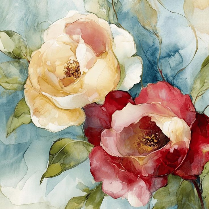 Watercolor painting of two large red and cream flowers with green leaves on a blue background