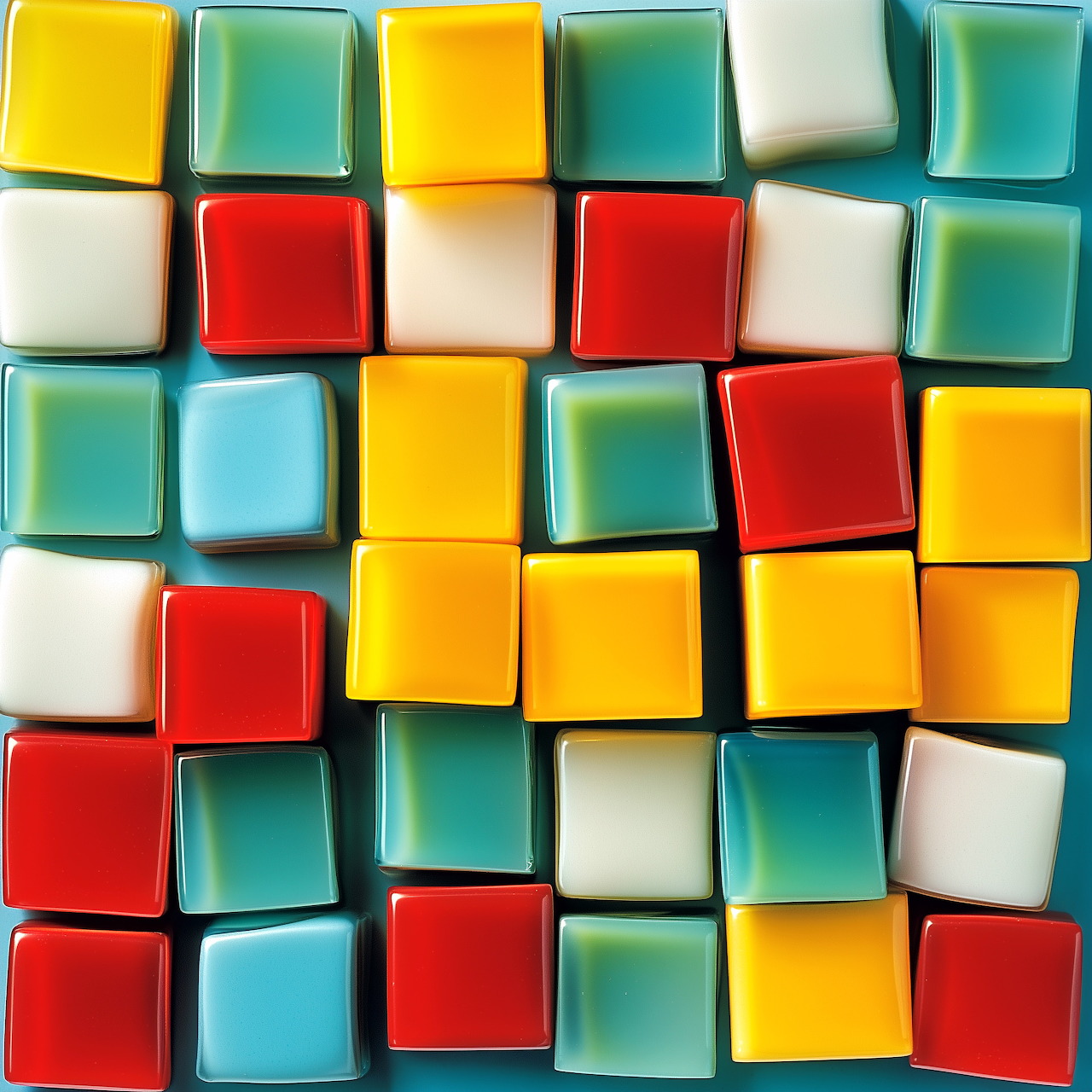 Grid of glossy plastic cubes in red, yellow, teal, and white colors