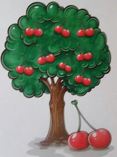 Illustrated cherry tree with red cherries on branches and two large cherries on the ground
