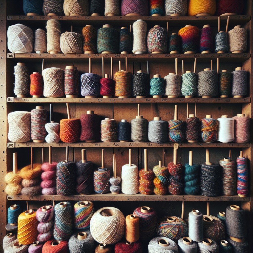 Wooden shelves displaying numerous colorful yarn spools and bobbins arranged in rows
