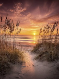 Sandy beach path through sea oats leading to a golden sunset over the ocean with purple and orange sky
