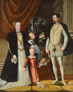 Renaissance family portrait of Emperor Maximilian II and relatives in formal dress indoors