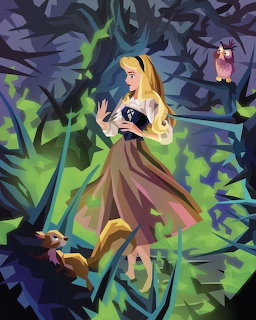 Stylized illustration of Princess Aurora in a dark forest with an owl and squirrel nearby