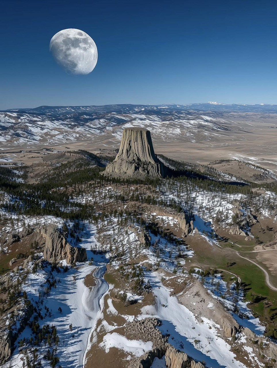 Aerial view of Devils Tower with snow-covered terrain and a large moon in a blue sky