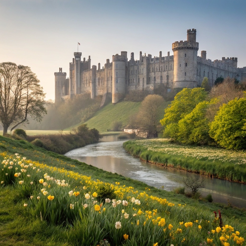 Arundel Castle on green hill beside river with yellow daffodils in foreground under blue sky