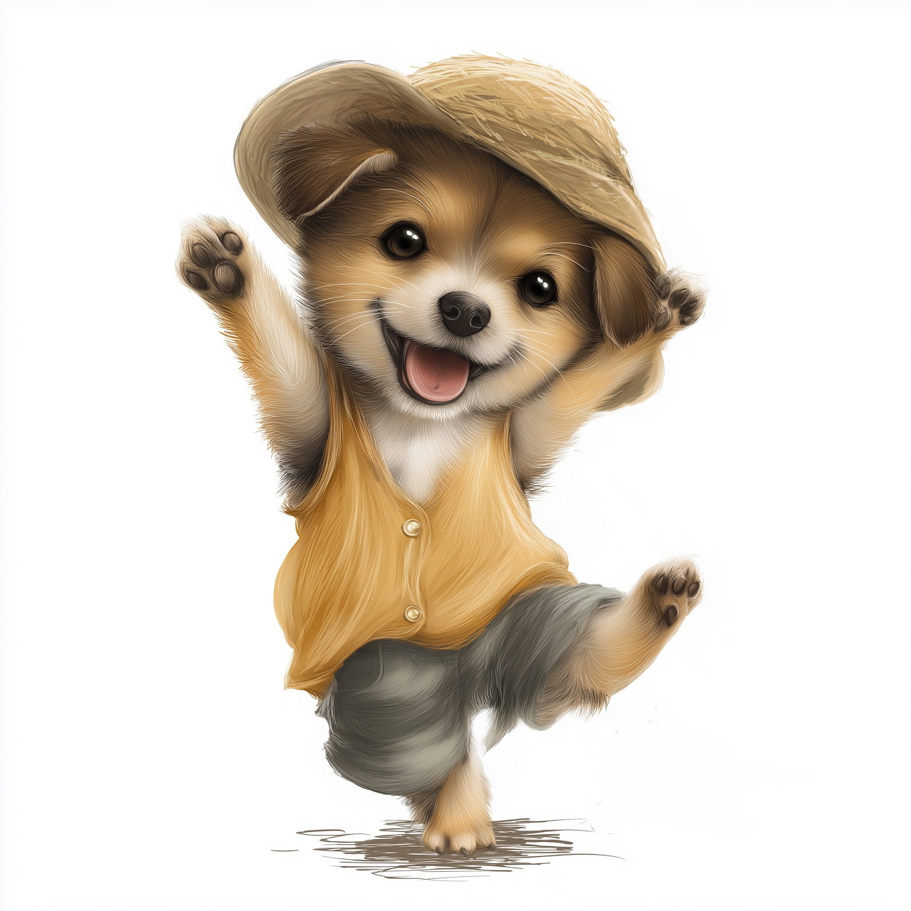Cute illustrated puppy in a floppy hat and yellow shirt with paws raised on a white background