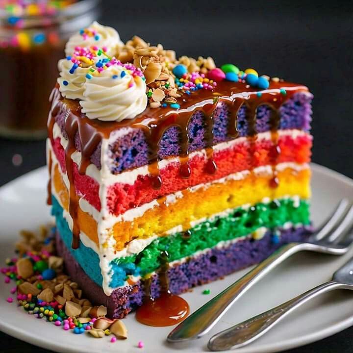Slice of rainbow layer cake with frosting, chocolate drizzle, and sprinkles on a white plate