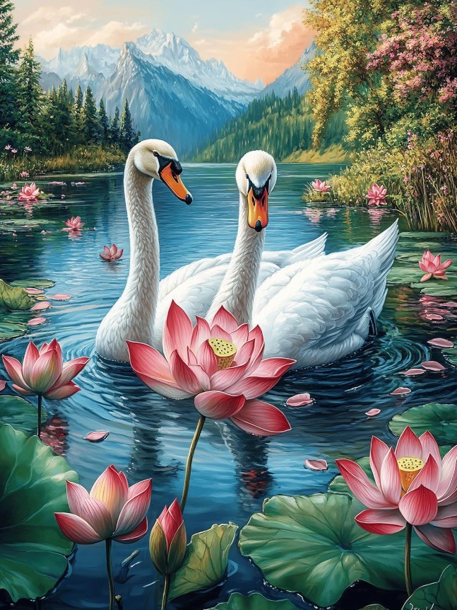 Two white swans in a lily pond with pink lotus flowers and mountains in the background
