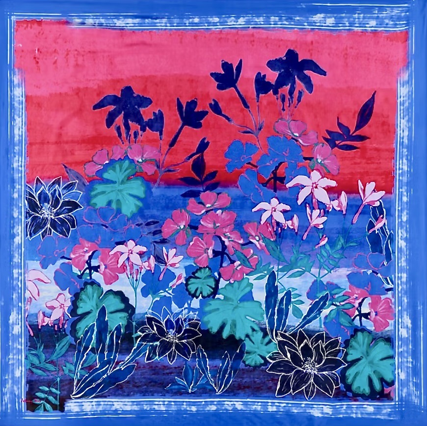 Colorful silk scarf with abstract floral pattern in pink, blue, and purple hues with ornate border