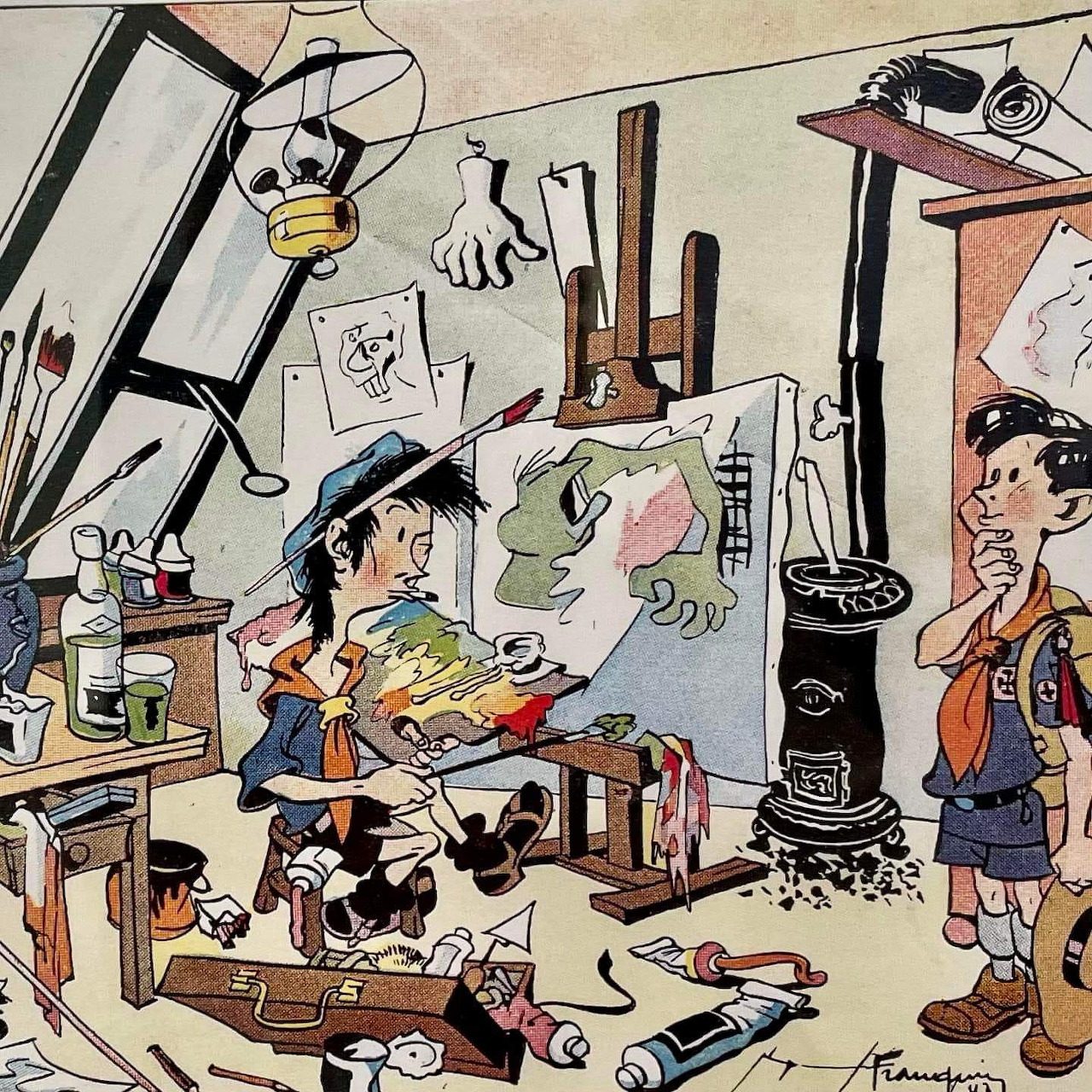 Cartoon illustration of a chaotic artist studio with characters painting amid scattered art supplies