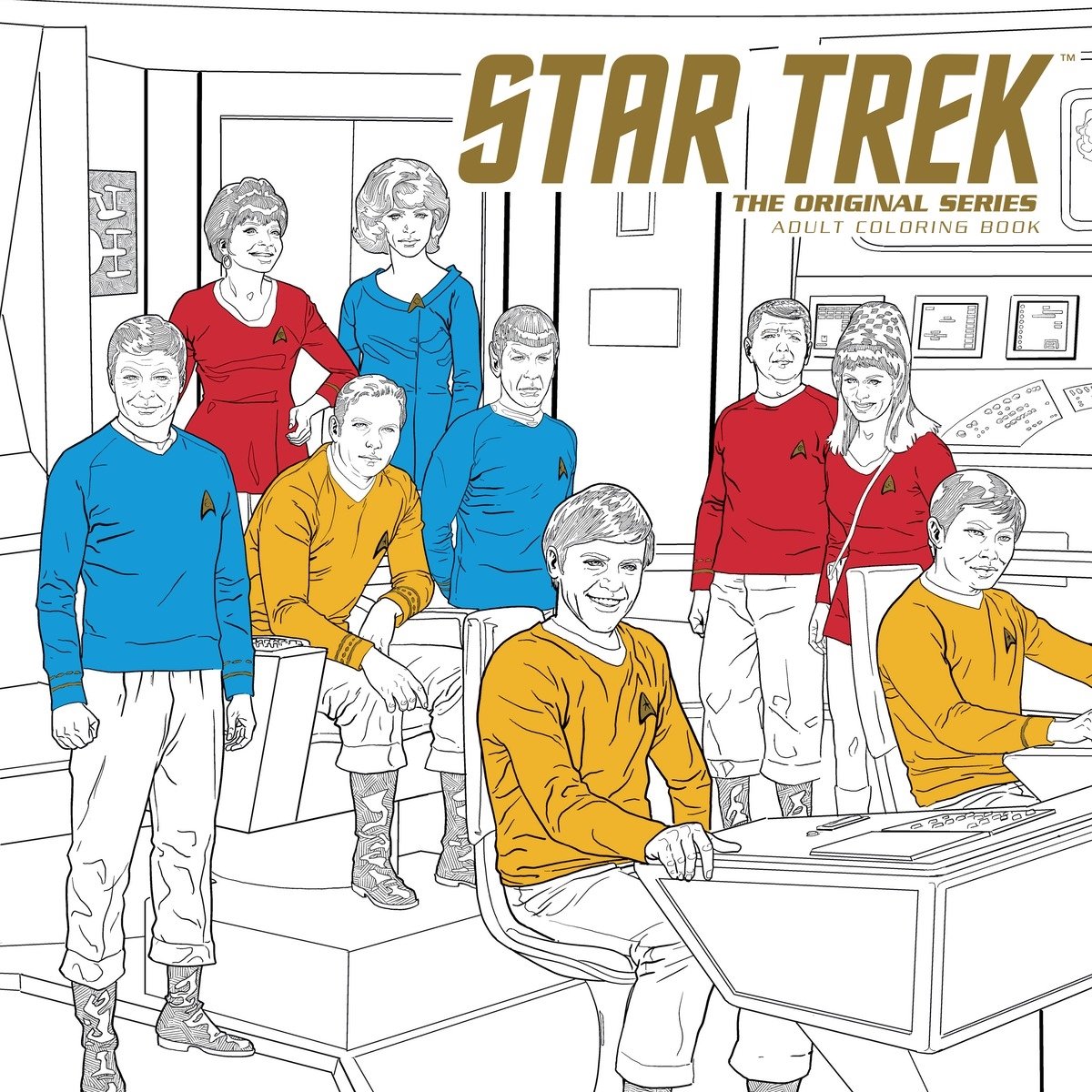 Illustrated Star Trek crew on the bridge in a vintage coloring book style