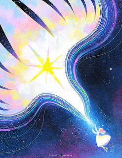 White dove soaring through starry space with bright star and swirling cosmic clouds