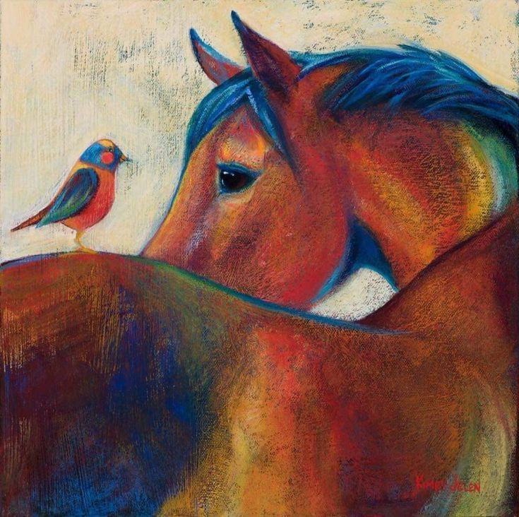 Abstract painting of orange and red horse with blue mane, small colorful bird perched on its back