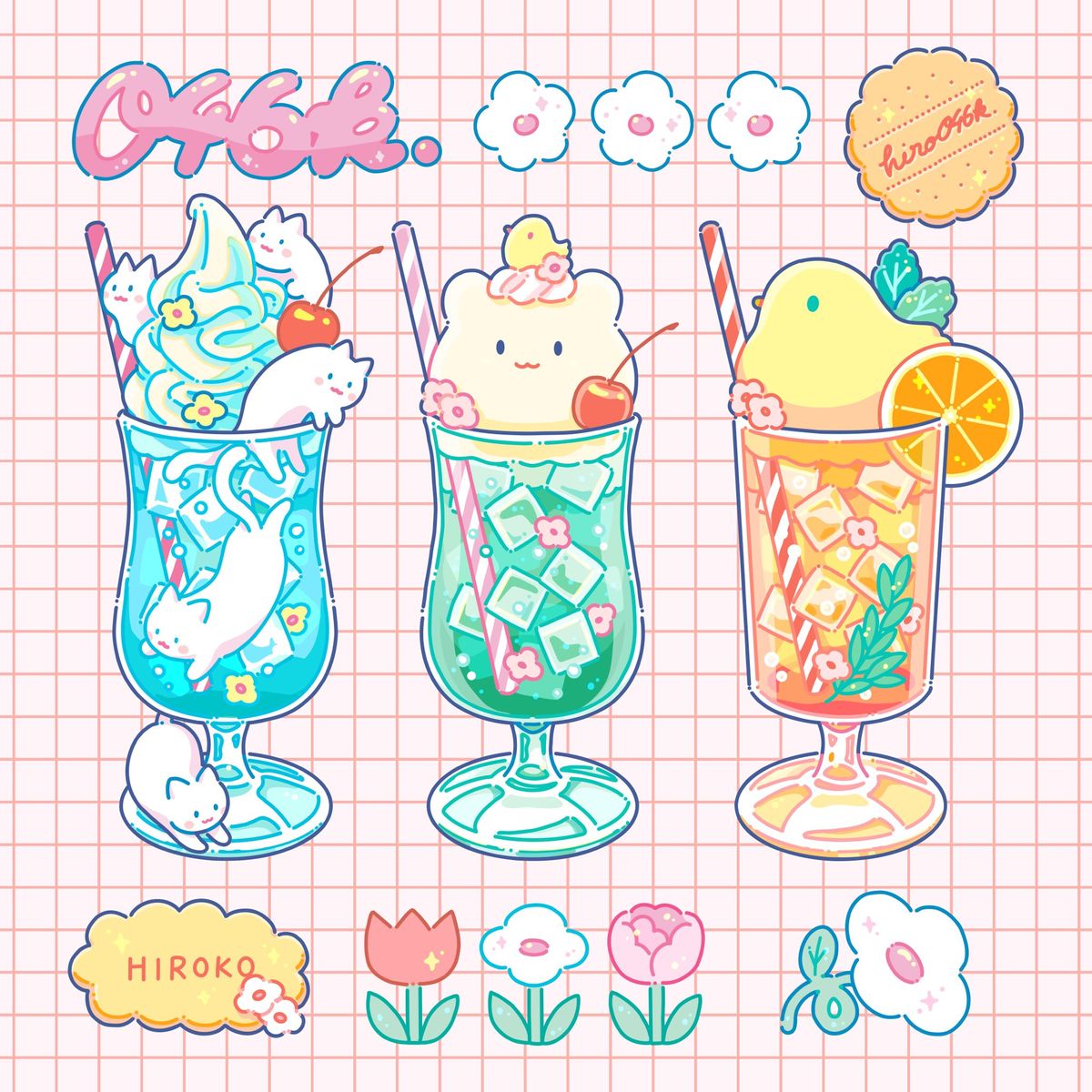 Cute pastel illustration of three colorful soda drinks with ice cream, fruit slices, and kawaii characters