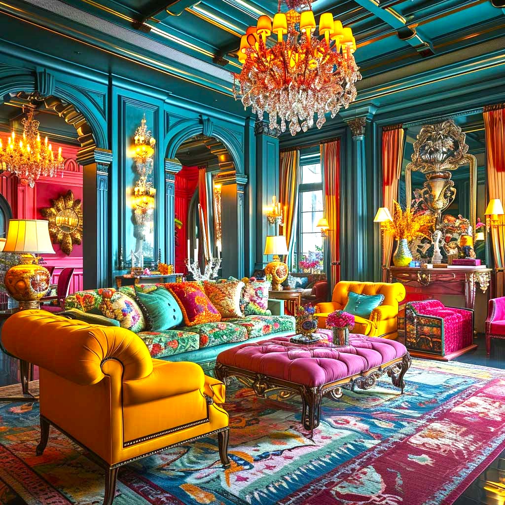Maximalist living room with teal walls, colorful furniture, ornate chandeliers, and vibrant eclectic décor