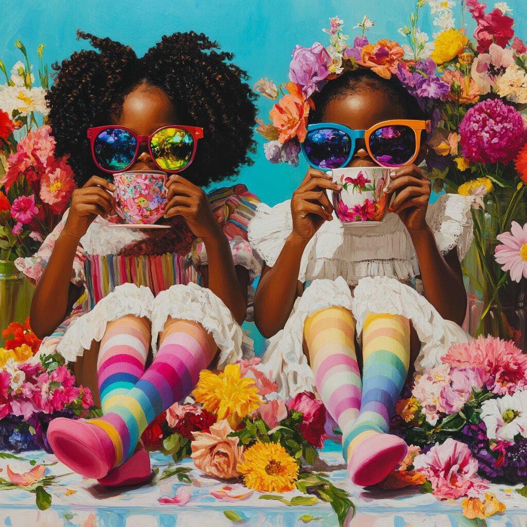 Two girls in matching outfits with afro hair and rainbow sunglasses holding teacups, surrounded by colorful flowers