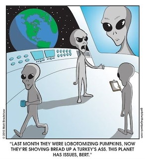 Comic of gray aliens in a spaceship with Earth in the background, joking about human holidays