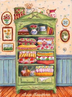 Watercolor painting of a green cupboard stuffed with colorful quilts and cushions in a cozy room