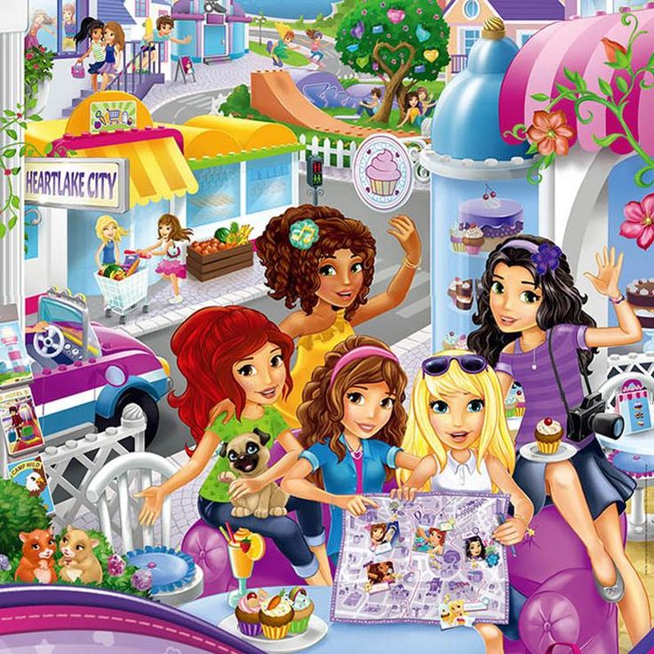 Five LEGO Friends cartoon characters posing together in a cheerful town plaza with colorful buildings and trees