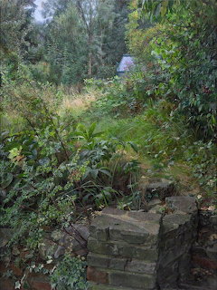 Stone steps leading into an overgrown garden with dense green foliage and trees