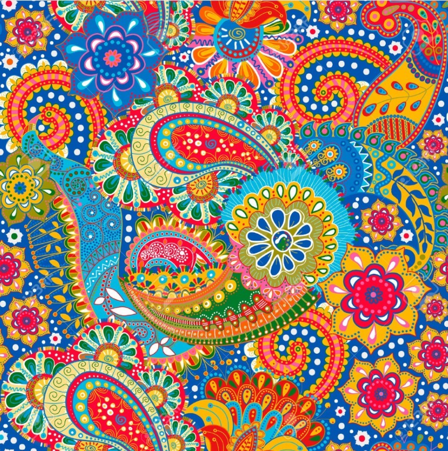 Colorful paisley pattern with swirling floral shapes in blue, orange, yellow, and red