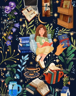 Girl reading book surrounded by florals, stacked books, and stars on dark blue background