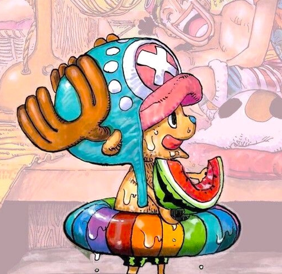 Chopper from ONE PIECE holding candy cane in colorful costume with striped hat and rainbow base