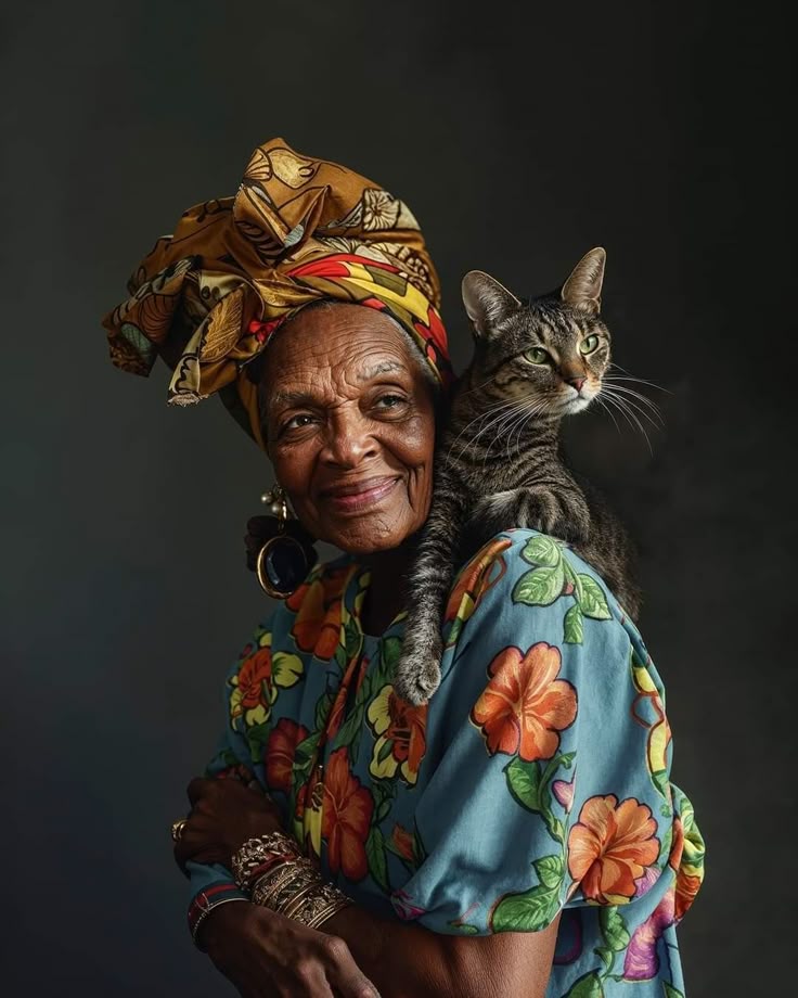 Elderly woman in a floral dress and headwrap holding a tabby cat on her shoulder