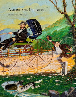 Folk art painting of black horse pulling carriage on country road with green hills and cottage in background