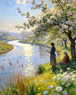 Two women by a peaceful river with flowering trees and wildflowers in an impressionist spring landscape