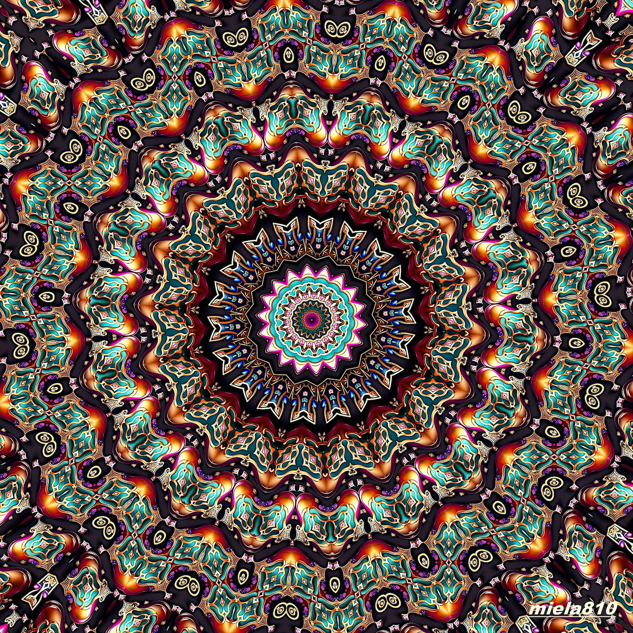 Detailed circular mandala with symmetrical geometric and floral patterns in teal, coral, and burgundy colors