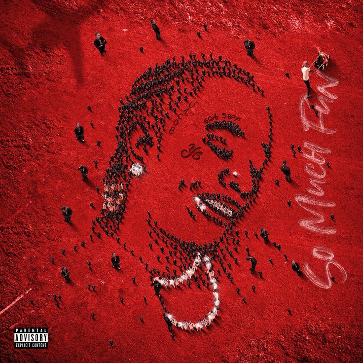 Red album cover with a face portrait made of tiny people figures on a red background