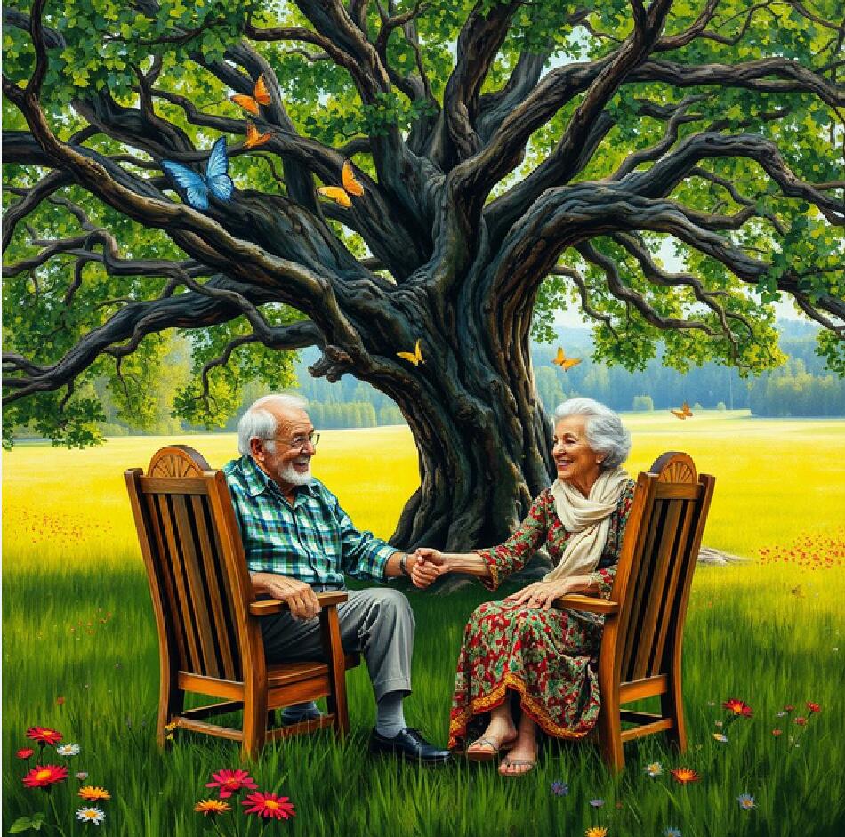 Elderly couple holding hands while sitting under a large tree in a grassy field