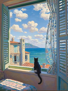 Black cat silhouette sitting in turquoise shuttered window with coastal view