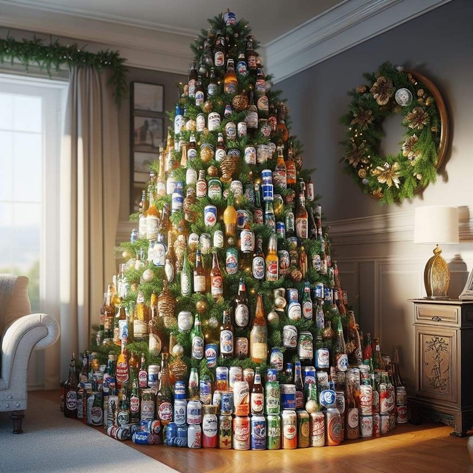 Christmas tree constructed from stacked beer cans in various colors and brands, displayed in a home interior with wreath