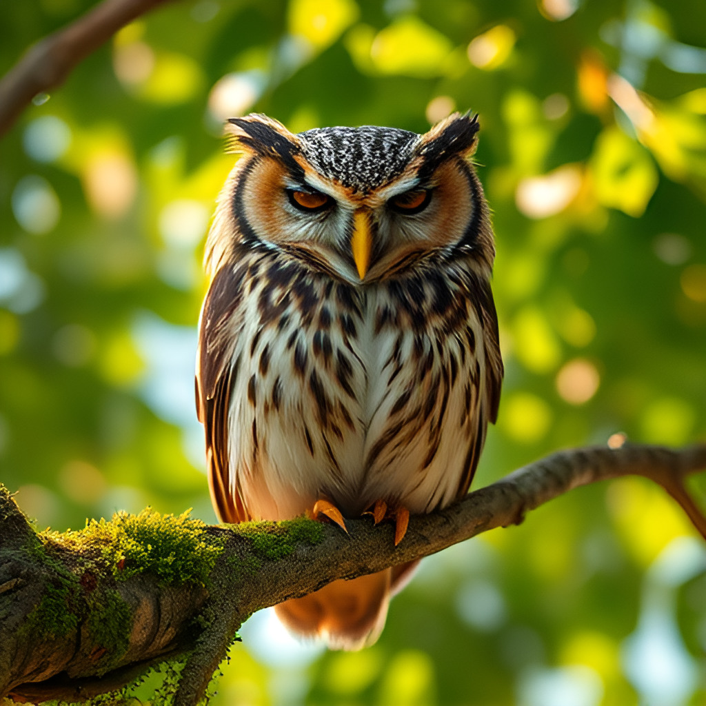 Cute cartoon owl with big eyes perched on a branch