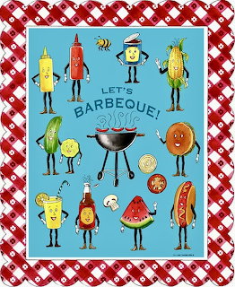 Retro illustration of cartoon food characters with faces and limbs surrounding a barbecue grill on red checkered border