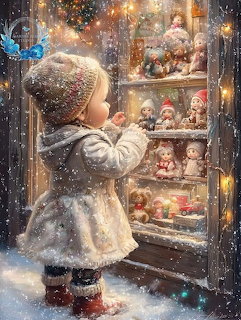 Child in white coat looking through snow-covered window at Christmas toy display with twinkling lights