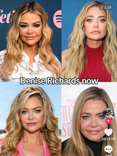 Square collage of four portrait photos of Denise Richards with blonde hair and different outfits